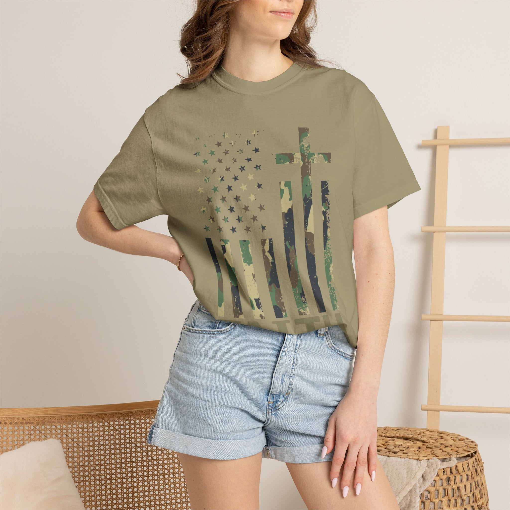 American Flag Cross Camouflage Christian Tee